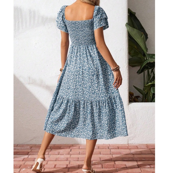 Boho Floral Print Double Ruffle Short Sleeve Smocked Dress - Picture 3 of 8